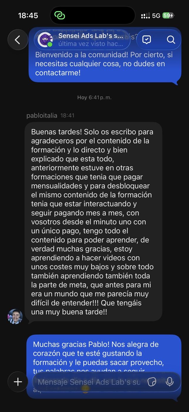 Mensaje real de un alumno de Sensei Ads Lab