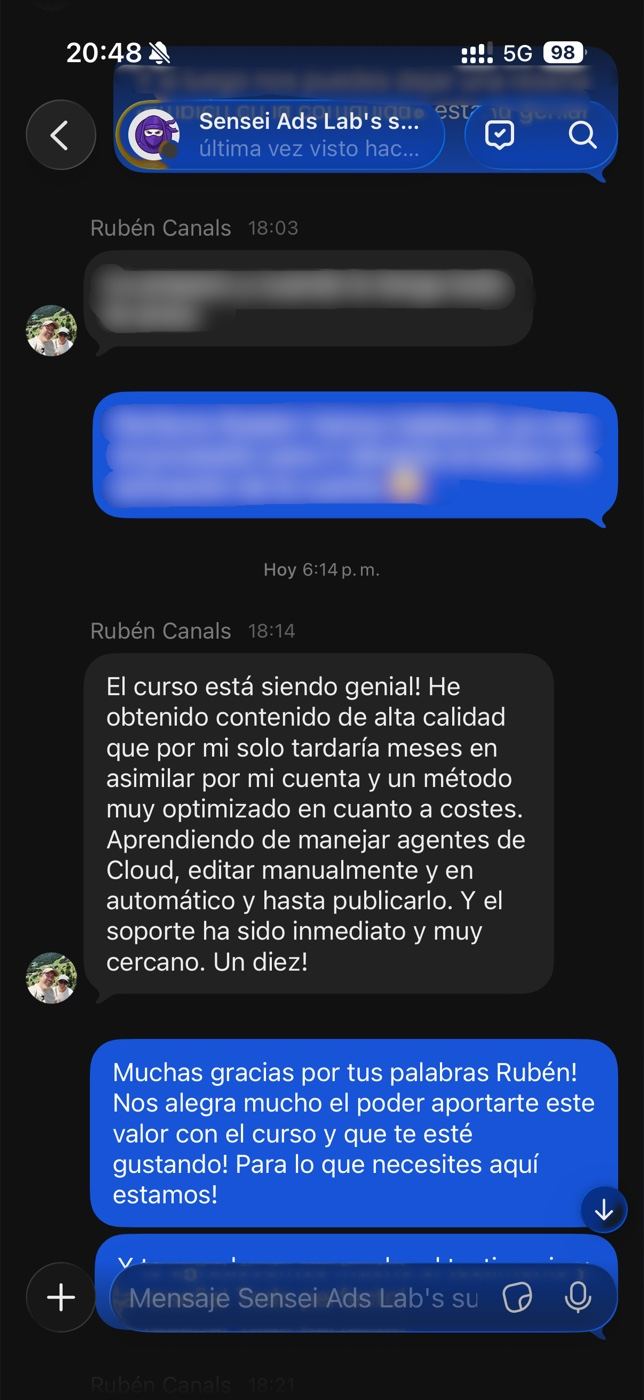 Mensaje real de un alumno de Sensei Ads Lab