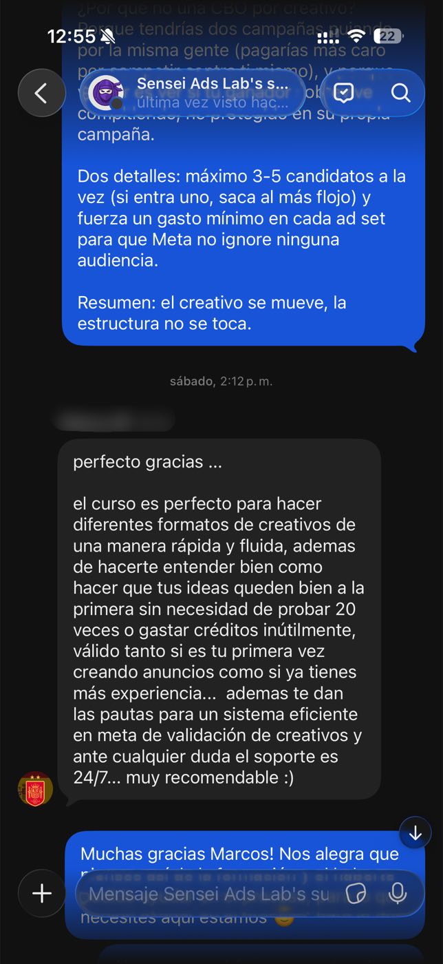 Mensaje real de un alumno de Sensei Ads Lab